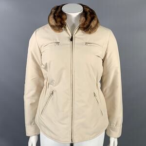 AGNONA Size 10 Cream Polyester Removable Fur Collar Zip Up Jacket